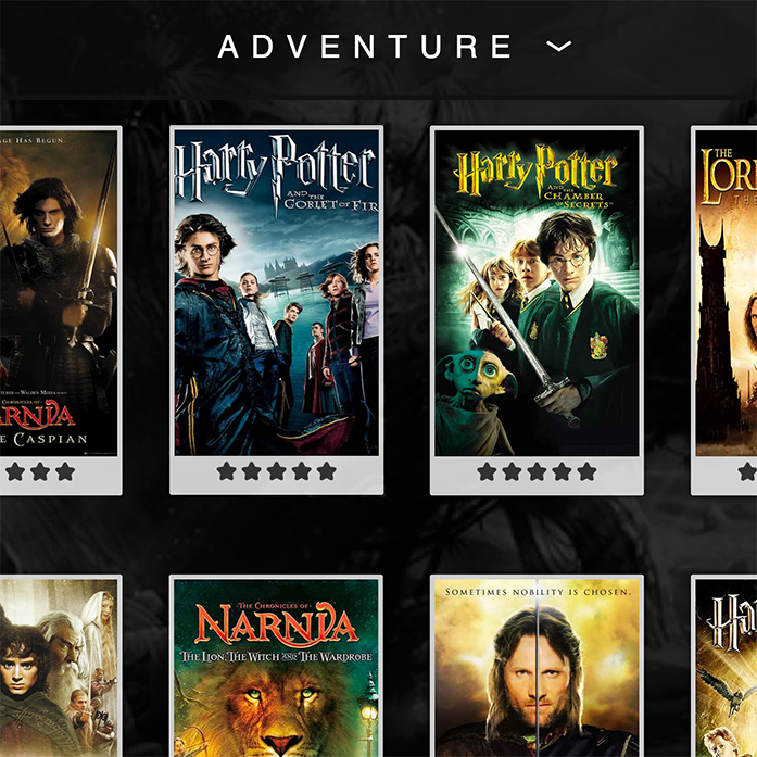 View of 'Adventure' category of videos, featuring large movie posters for browsing visually