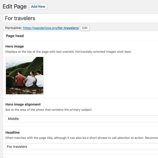 WordPress page editor showing hero image section