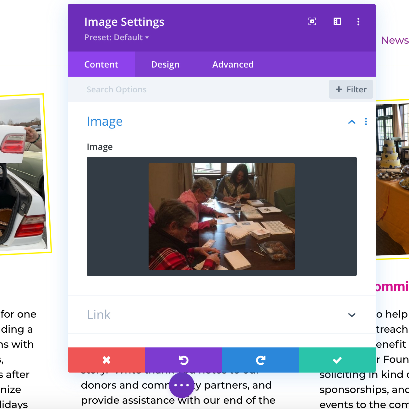 Example of using the Divi editor to modify a photo