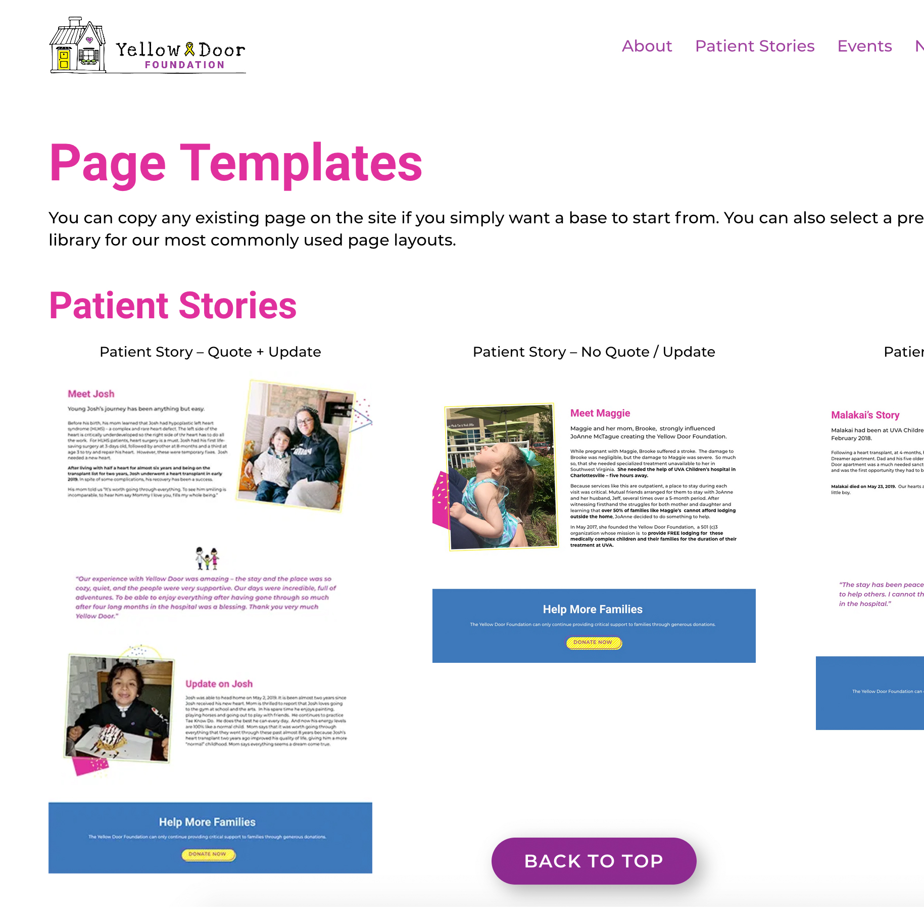 Example from the style guide featuring different page templates